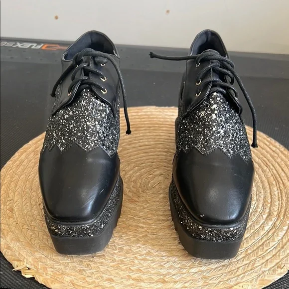 Black Glitter Platform Oxford  Funky Shoes Size 38 - Picture 2 of 14